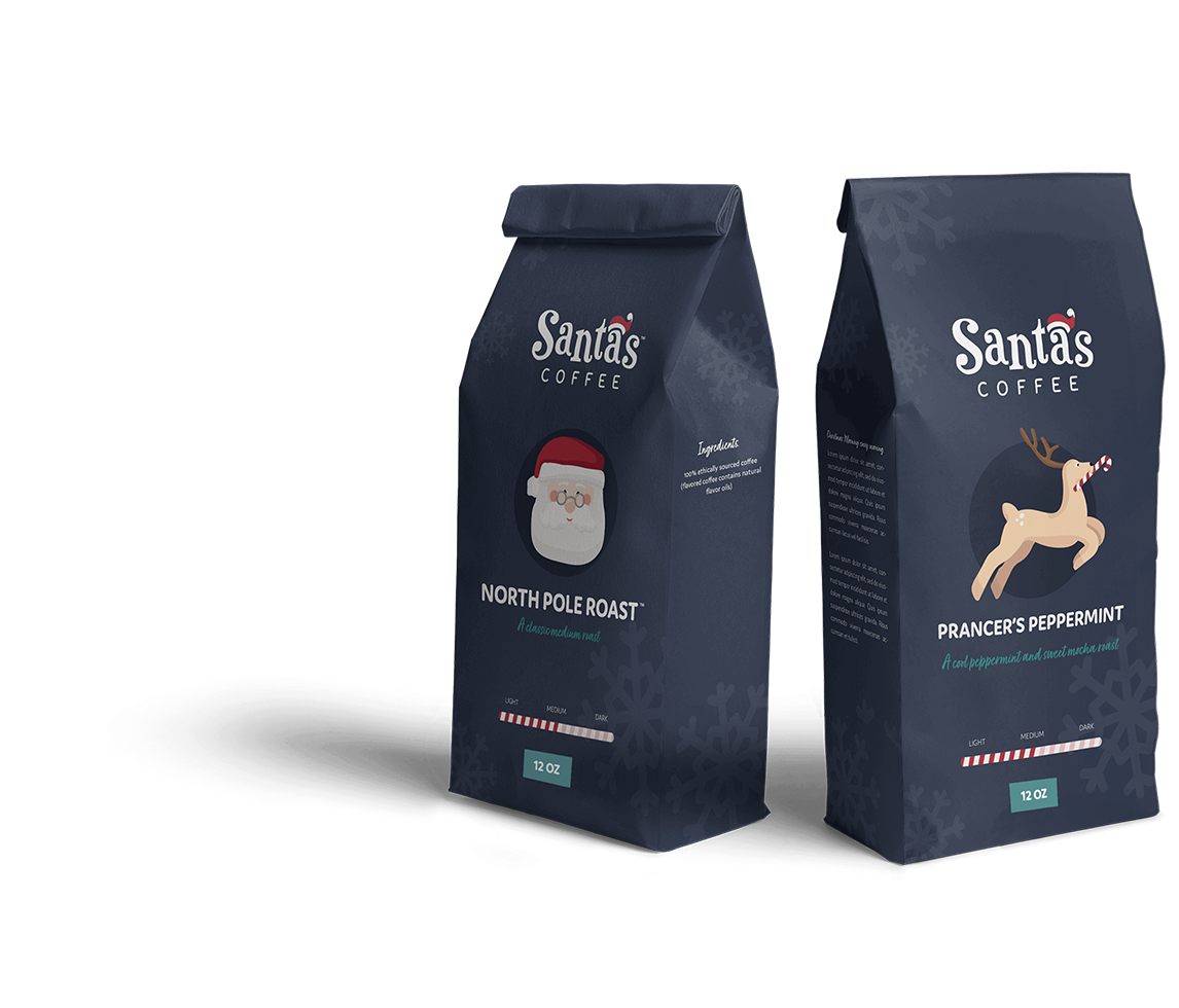 Two coffee bags from 'Santa's Coffee' on a white background